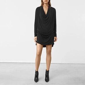 New AllSaints Amei Adjustible sz 2 Black Cowl Dress/Tunic Long Sleeve RN10519